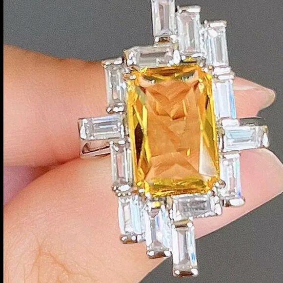 Canary Yellow  Emerald Cut 8.75 Ct. Sapphire Ring Clear White Baguette Sapphire - Picture 5 of 5